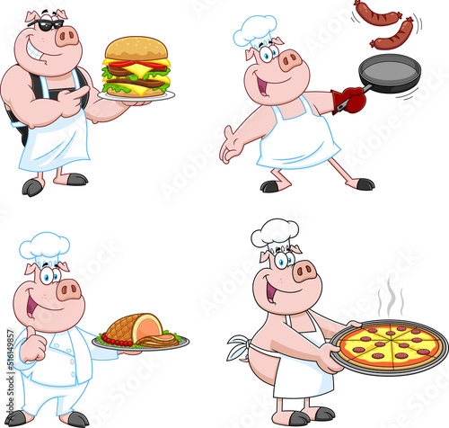 Funny Chef Pig Cartoon Mascot Characters. Vector Hand Drawn Collection Set Isolated On White Background