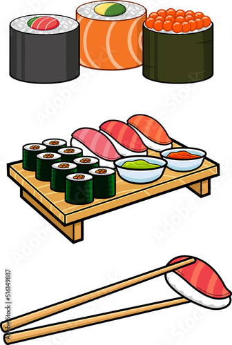 Cartoon Mixed Sushi Set. Vector Hand Drawn Collection Isolated On White Background