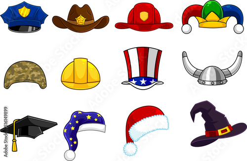 Cartoon Different Hat And Helmet. Vector Hand Drawn Collection Set Isolated On White Background