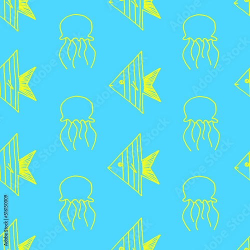 Beautiful background of fish and jellyfish drawn with yellow marker on blue paper. Neon pattern from exotic marine animals. Vacation concept. Print for bed linen.