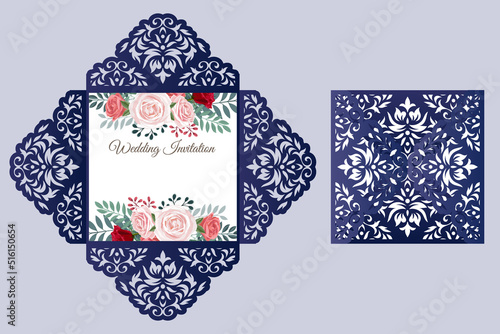 Laser cut four fold card for Wedding invitation with damask cutout pattern, vector.
