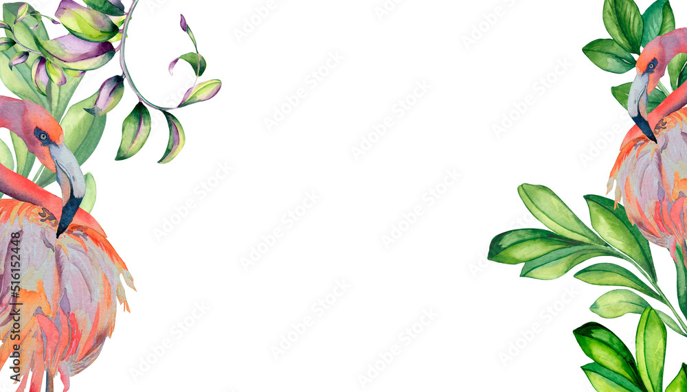 Naklejka premium Board of multicolor tropical leaves and flamingos watercolor illustration on white