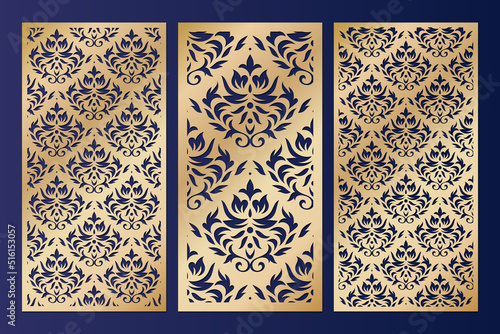 Laser cut panel templates set with damask pattern, vector.