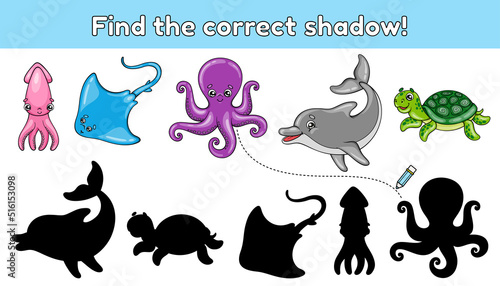 Find the correct shadow. Educational game for children. Cartoon sea animals. Vector illustration.