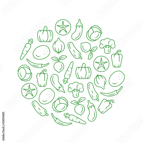 Vegetable icons in the shape of a circle. A simple line background or poster.