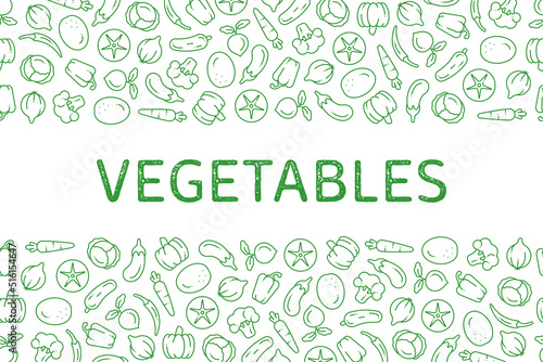 Simple line vegetable seamless background. Long banner with different vegetables.