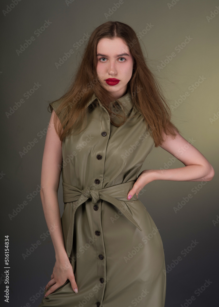 A full-length portrait of a young attractive girl with expressive red lips and long flowing smooth hair of a light shade in a stylish green dress and black shoes. Green background A full-length portrait of a young attractive girl with expressive red lips and long flowing smooth hair of a light shade in a stylish green dress and black shoes. Green background