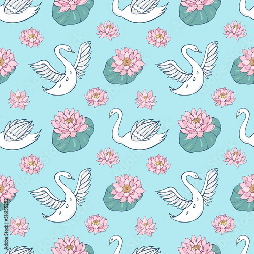 Seamless vector pattern of swans  lotuses and water lilies. Decoration print for wrapping  wallpaper  fabric  textile.