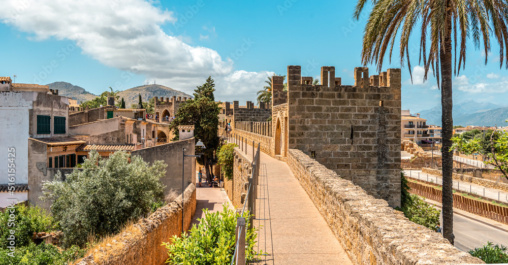 Walls of the Porta del Moll fortress in the old town of Alcudia, Mallorca island