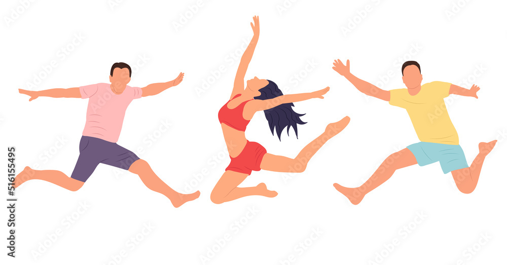 jumping men and women in flat style, isolated