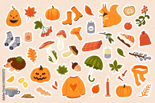 Autumn stickers pack set vector illustration. Cartoon autumn collection with fall acorn and edible mushrooms, Halloween pumpkin, orange leaf of maple oak and chestnut, cozy warm plaid hot tea isolated