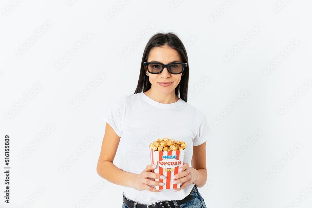 Portrait of young smiling woman having popcorn wearing 3d glasses Portrait of young smiling woman having popcorn wearing 3d glasses
