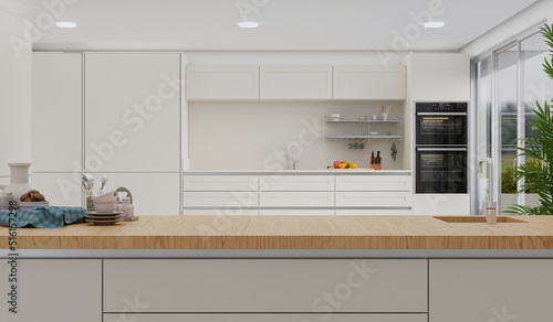 cooking room with a dinning table - wall. 3D rendering.