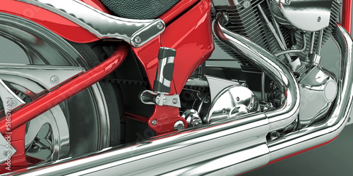 Street motorcycle side closeup with chrome details, 3d rendering, 3d illustration