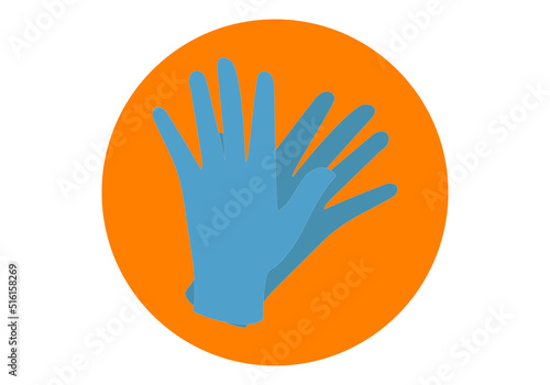 Icono o símbolo de guantes higiénicos azules sobre círculo naranja photo