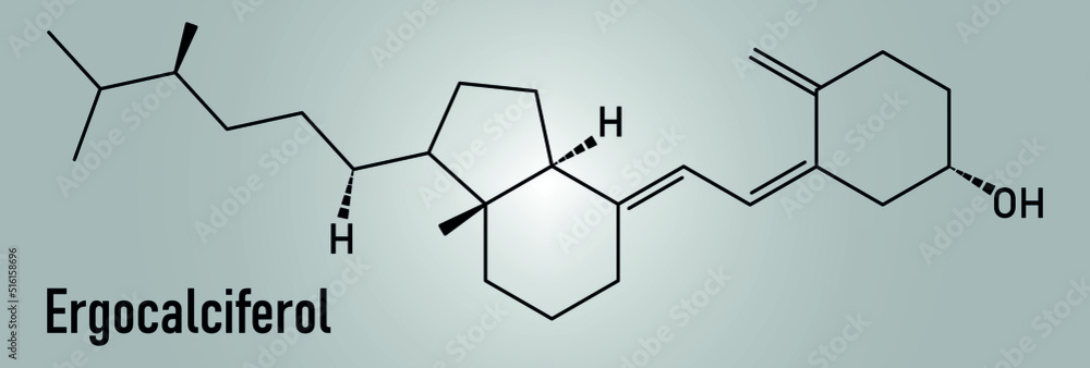 Skeletal formula of Ergocalciferol or vitamin D2 molecule. Skeletal formula of Ergocalciferol or vitamin D2 molecule.