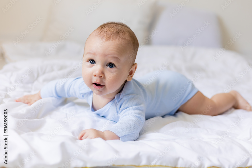 cute little boy in blue body laying on blanket, card, banner, health, space for text