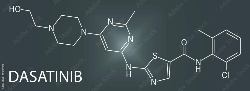 Skeletal formula of Dasatinib cancer drug molecule. Skeletal formula of Dasatinib cancer drug molecule.