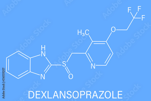 Skeletal formula of Dexlansoprazole gastric ulcer drug molecule. Proton pump inhibitor.