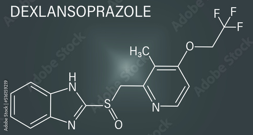 Skeletal formula of Dexlansoprazole gastric ulcer drug molecule. Proton pump inhibitor.