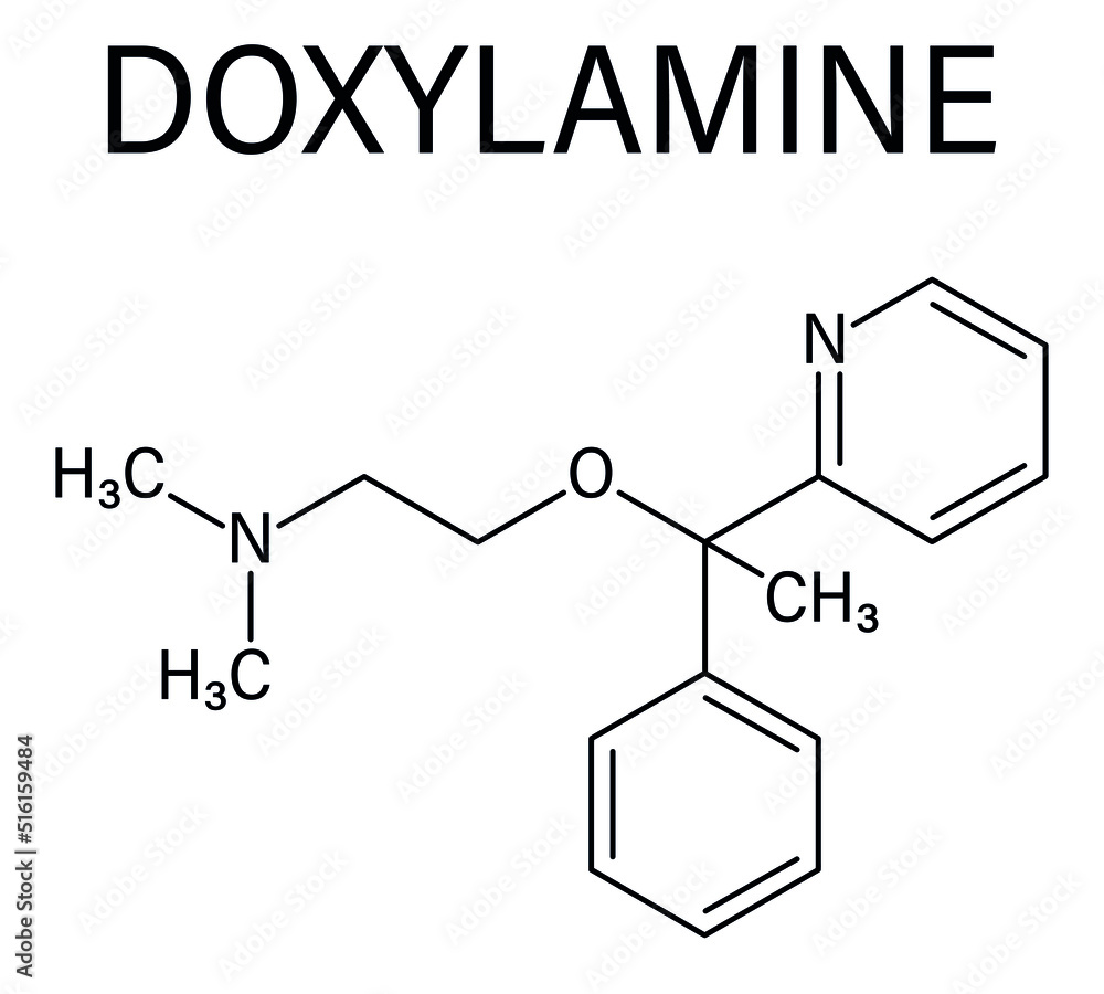 Skeletal formula of Doxylamine antihistamine drug molecule. Also used
