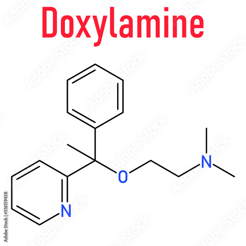 Skeletal formula of Doxylamine antihistamine drug molecule. Also used as over-the-counter, OTC, sedative.