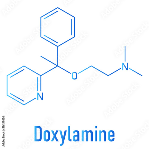 Skeletal formula of Doxylamine antihistamine drug molecule. Also used as over-the-counter, OTC, sedative.
