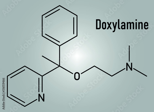Skeletal formula of Doxylamine antihistamine drug molecule. Also used as over-the-counter, OTC, sedative.