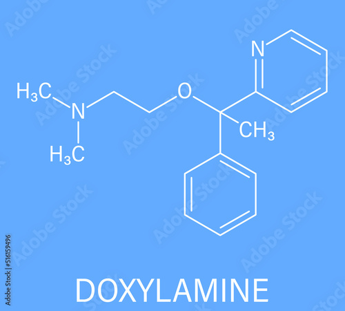 Skeletal formula of Doxylamine antihistamine drug molecule. Also used as over-the-counter, OTC, sedative.