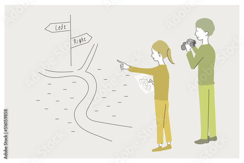 地図と双眼鏡を持って目的地を確認する男女　イラスト