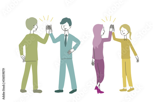 ハイタッチをする　男性と女性たち　イラスト