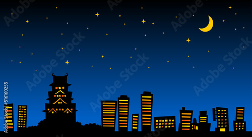 イラスト ：大阪城と町並みシルエット　夜