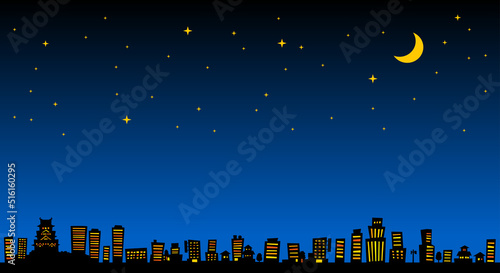 イラスト ：大阪城と町並みシルエット　夜