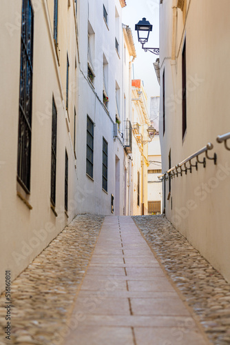 Narrow cobbled street, with a metal railing on the wall © MiguelAngel