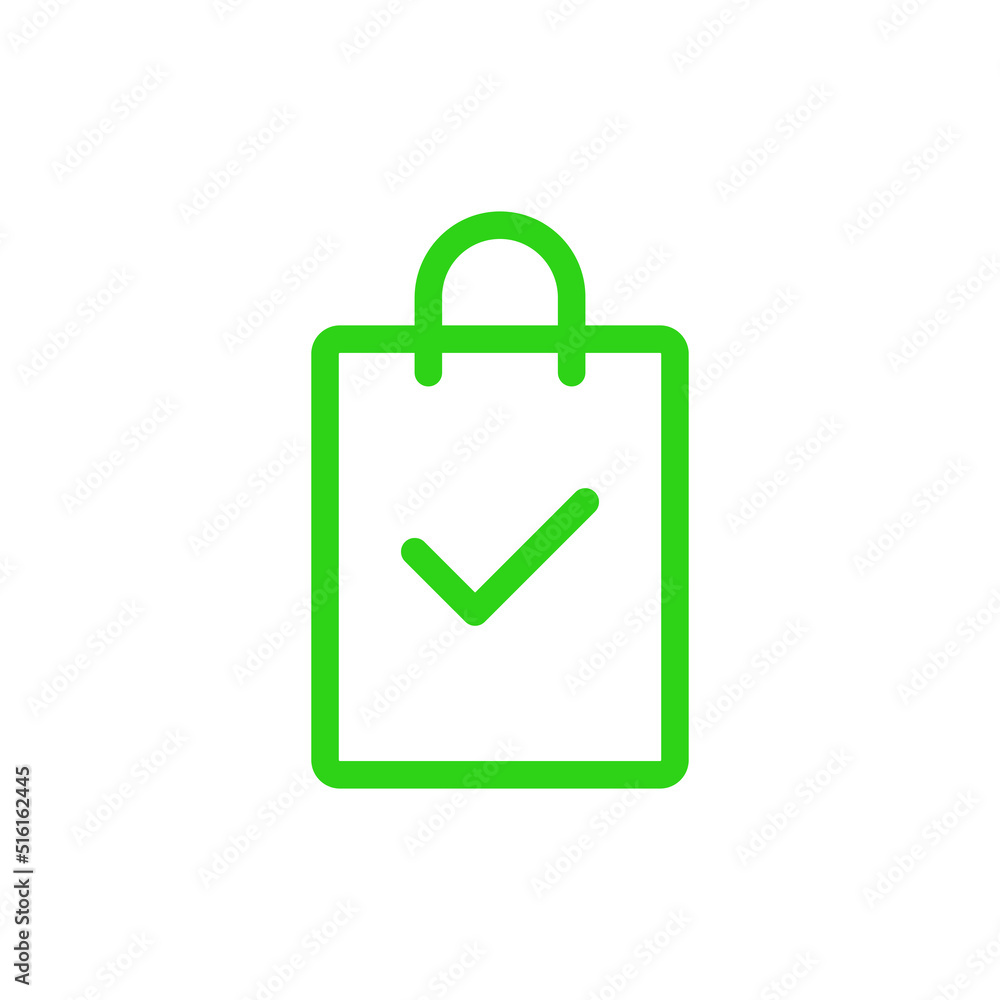 Shopping bag green vector icon with tick Shopping bag green vector icon with tick