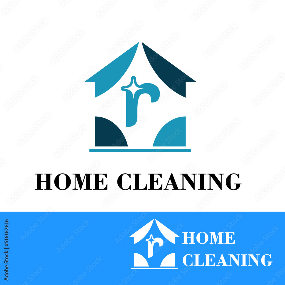 	
Initial r letter with sparkle and house icon for simple modern home cleaning service business logo concept	