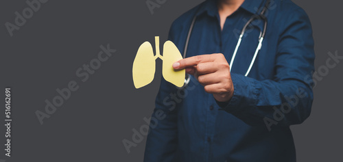 Doctor holding lungs symbol while standing in the hospital photo