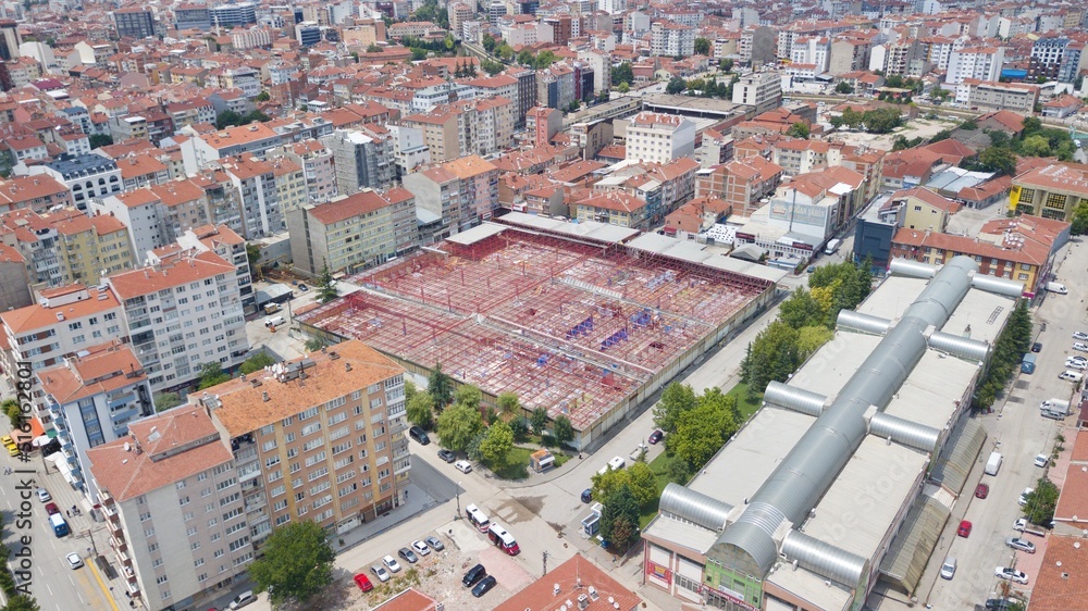 Aerial view of the bazaar construction at the city center. 
