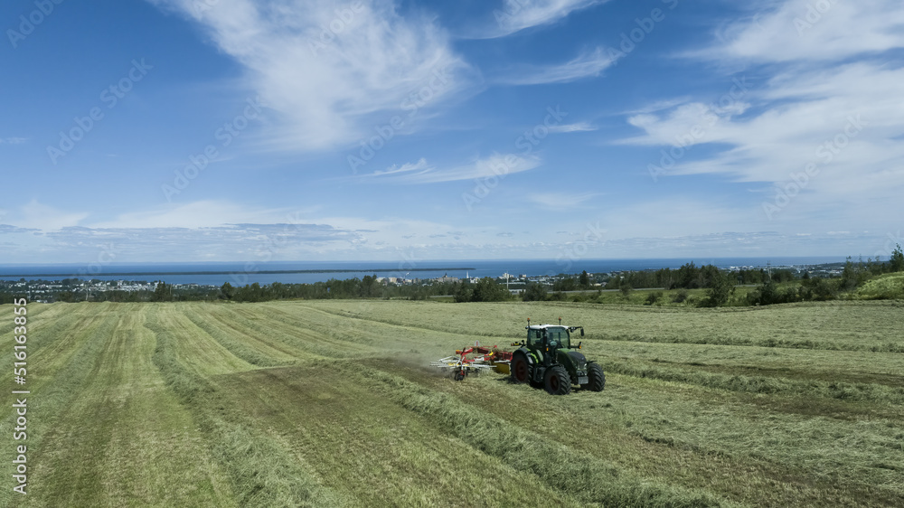 Fototapeta premium Aerial view of a tractor working a field with his tractor in summer on a sunny day