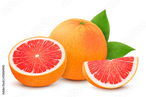 Fototapeta Fresh grapefruit set, with various view of whole grapefruit, halves and slices, isolated on white background