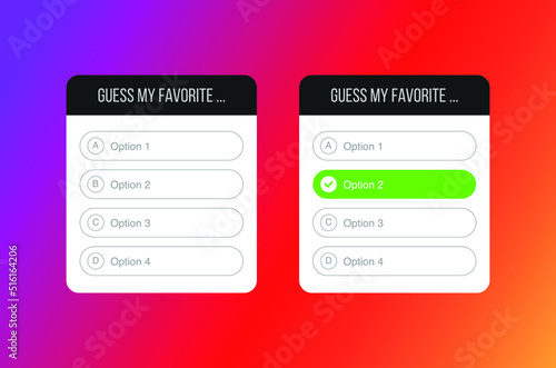 Quiz option template. Question stickers for poll stories page, popularity interface voting labels for typing answers template. Vector illustration eps10.