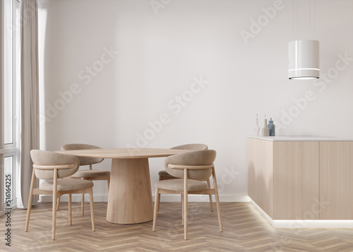 Empty white wall in modern living room. Mock up interior in scandinavian style. Free  copy space for your picture  text  or another design. Table with chairs. 3D rendering.