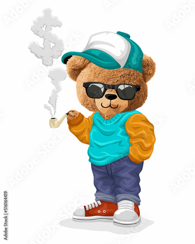 Vector illustration of glasses bear doll holding tobacco pipe