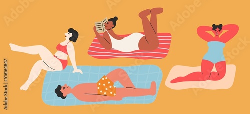 Different people lie on towels or blankets. Cute characters are relaxing, sunbathing, reading books. Summer time, beach, vacation concept.