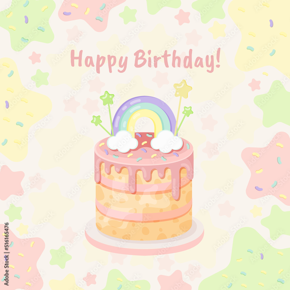 Happy birthday card with cake, with rainbow, clouds and candles, with pink, green, yellow and blue color. Happy birthday card with cake, with rainbow, clouds and candles, with pink, green, yellow and blue color.