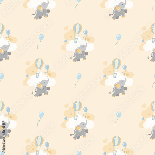 Seamless children's pattern with elephants, clouds, balloon and hearts on a beige background.