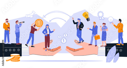 Hands support business people as concept of collaboration and delivery or solution, teamwork on project realization, flat cartoon vector illustration isolated on white background.