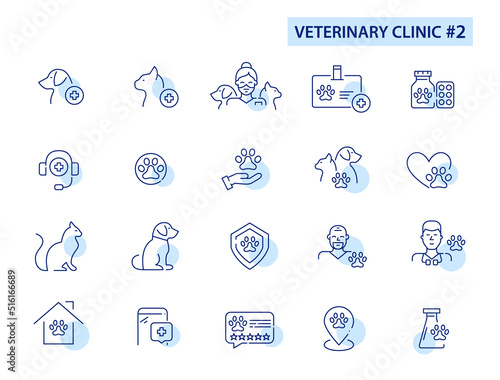 Veterinary clinic line art set. Veterinarian, medicine, insurance and ratings. Pixel perfect, editable stroke icon