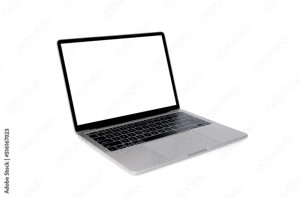 Front view of Laptop with blank screen in angled position. Blank white screen display for mockup isolated on white background, mockup template, with clipping path. Front view of Laptop with blank screen in angled position. Blank white screen display for mockup isolated on white background, mockup template, with clipping path.