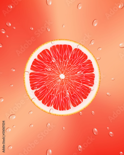 Grapefruit slice. Background of fresh grapefruit round slices and drops of water. Seamless pattern. Realistic 3d vector illustration.
